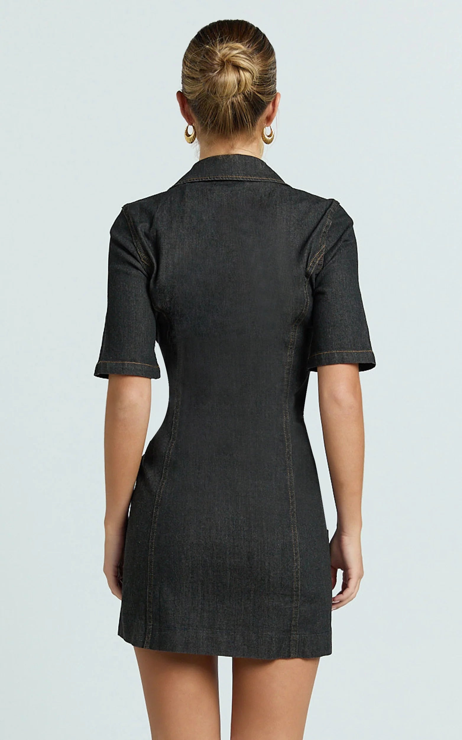 Tessie Mini Dress - Zip Front Collared Denim Mini Dress in Black
